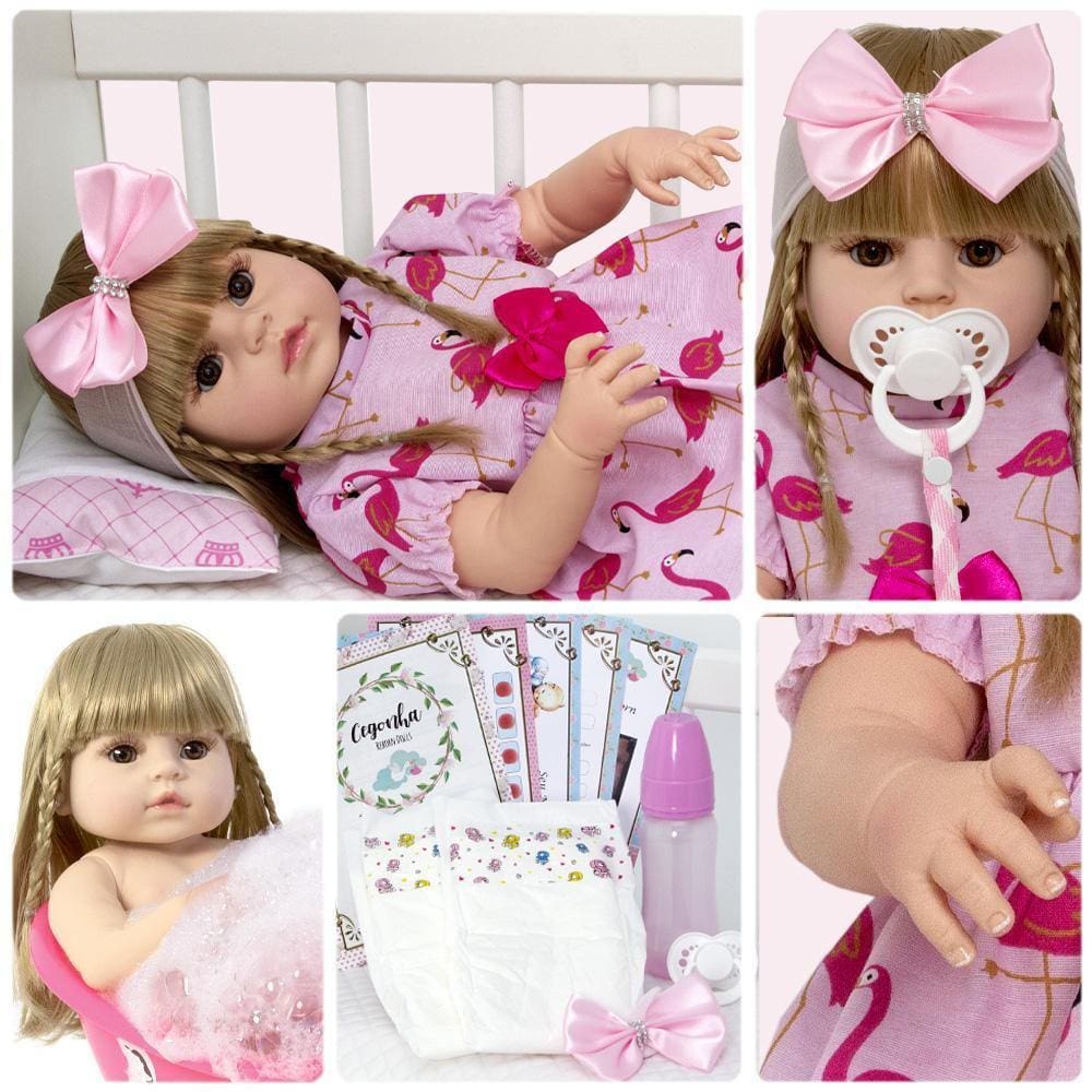 Boneca Reborn Menina Bebê Loira Corpo De Silicone 13 Itens