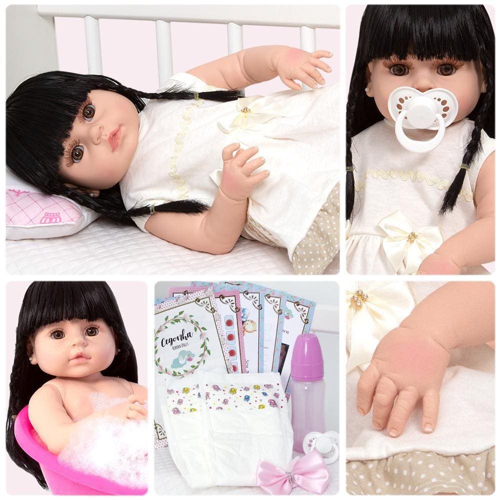Boneca Reborn Realista Menina Morena Corpo De Vinil 13 Itens
