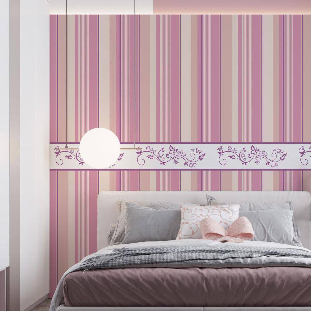 Kit 5 Rolos Papel De Parede Adesivo Baby Listrado Rosa 3,0M