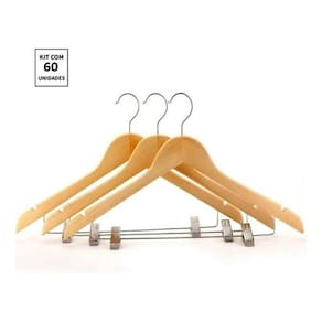 Kit 60X Cabides De Madeira Com Presilha Verniz Marfim Roupa
