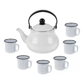 Bule Esmaltado Leiteira Chá Agata 1,5 Litro +6 Canecas 350Ml