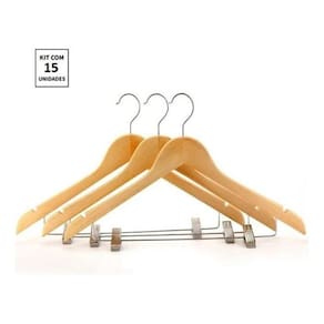 Kit 15X Cabides De Madeira Com Presilha Verniz Marfim Roupa