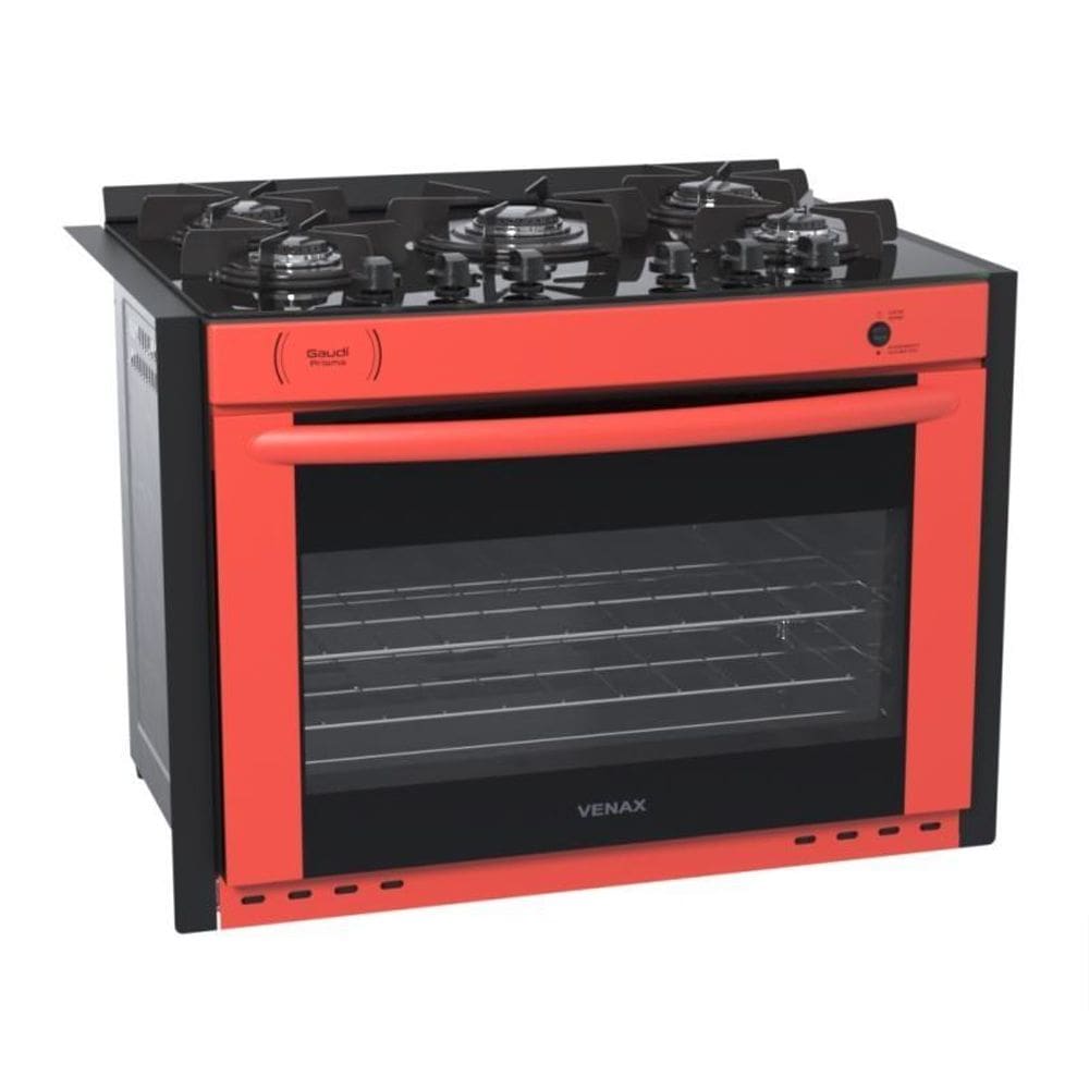Fogao de Embutir 5 Bocas Venax Gaudi Prisma Vitreo Bl Vermelho Gas Glp