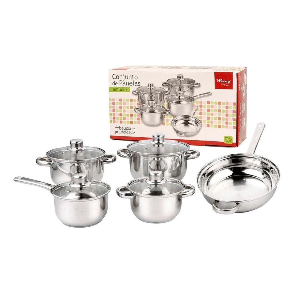 Conjunto De Panelas 5 Pcs Inox C/Tampa De Vidro Wincy