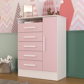 Cômoda Infantil 1 Porta e 5 Gavetas Tic Tac Branco/Rosa