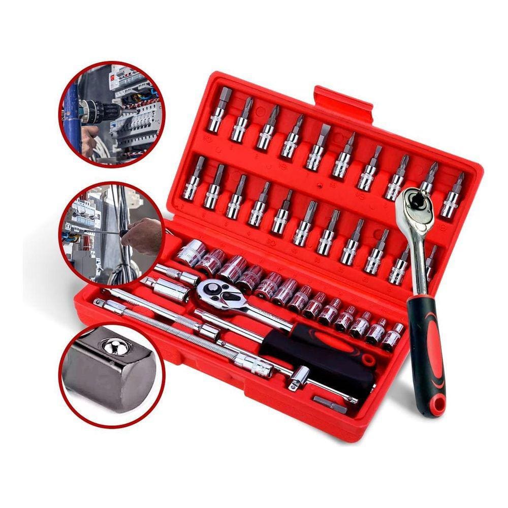 Kit Jogo Soquete em Aço Catraca Chaves com Maleta 46 Peças
