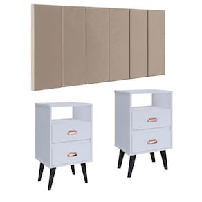 Cabeceira Estofada Modular Box Casal 1,40 Julia Bege Jogo 2 Mesinha Pequena Gaveta Nicho Canto Lateral Cama Retrô Classic New Branco-RPM