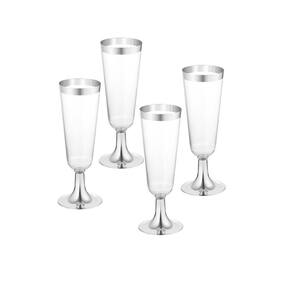 Kit 12 Taças De Champanhe Em Plástico Com Borda Prata 150Ml