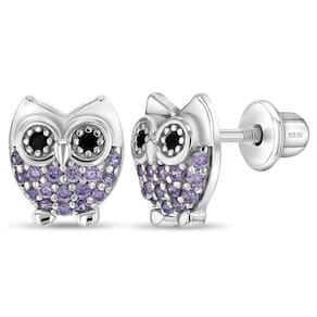 Brincos In Season Jewelry em prata esterlina 925 Owl CZ Purp