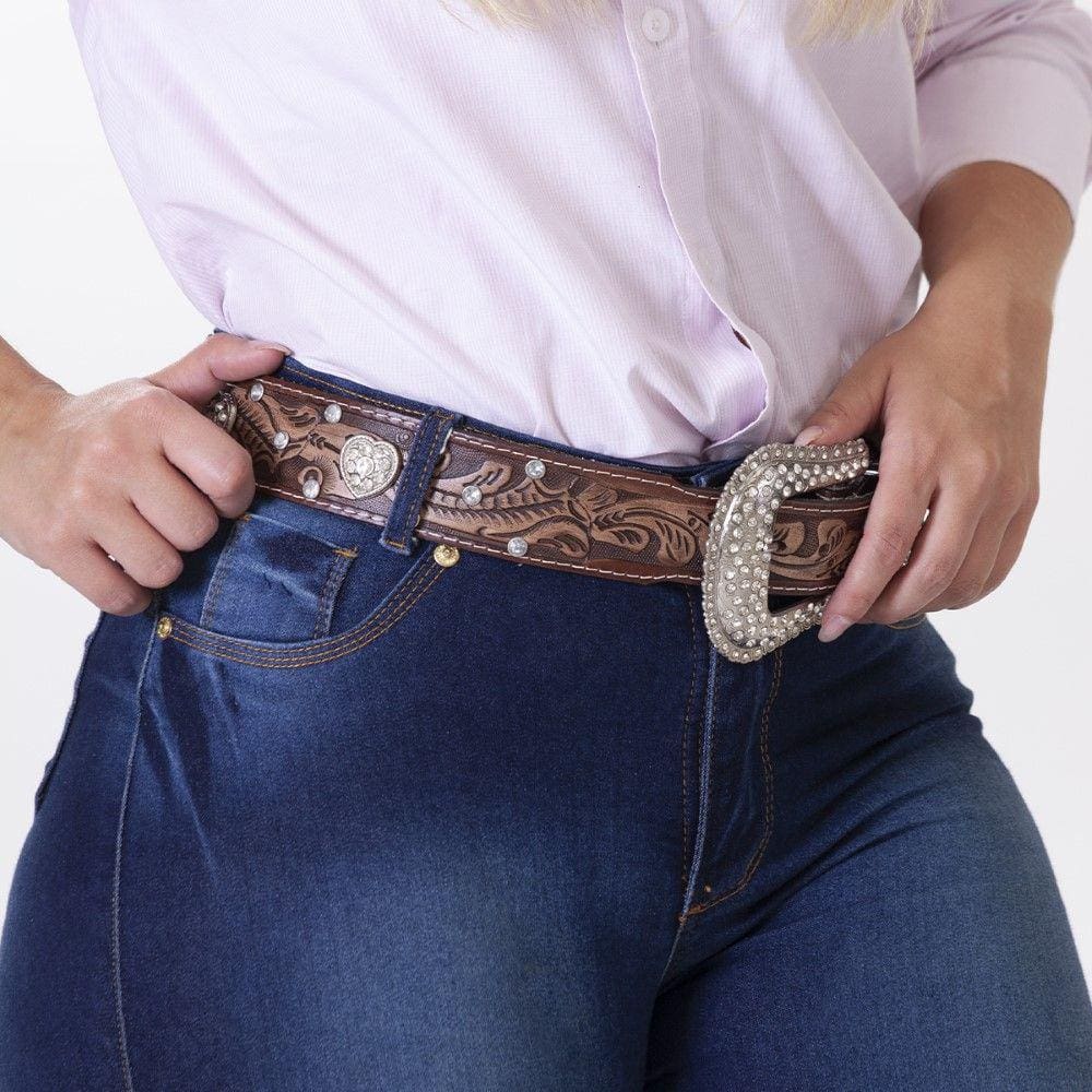 Cinto Couro Feminino Fivela Strass Mangalarga de Luxo Resistente Cavalo Rodeio