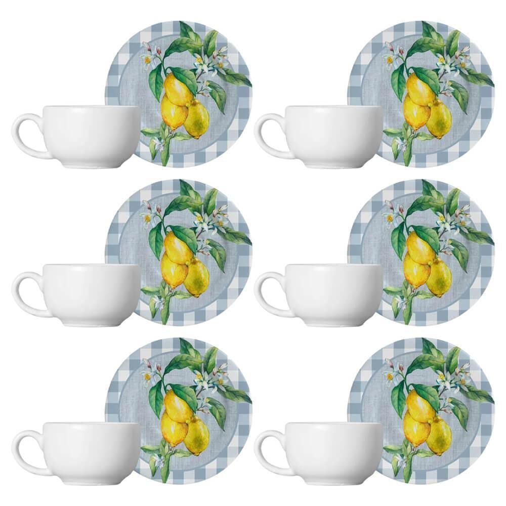 Kit 6 Xícaras Cerâmica Chá Café Pires Lemon Xadrez 85Ml