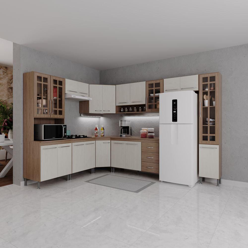 Cozinha Modulada Completa Fidelitá Paris 9 Peças 515cm 20 Portas 3 Gavetas Com Tampo Nogal/Salinas
