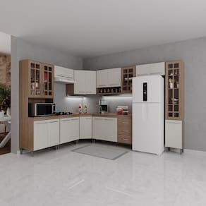 Cozinha Modulada Completa Fidelitá Paris 9 Peças 515cm 20 Portas 3 Gavetas Com Tampo Nogal/Salinas