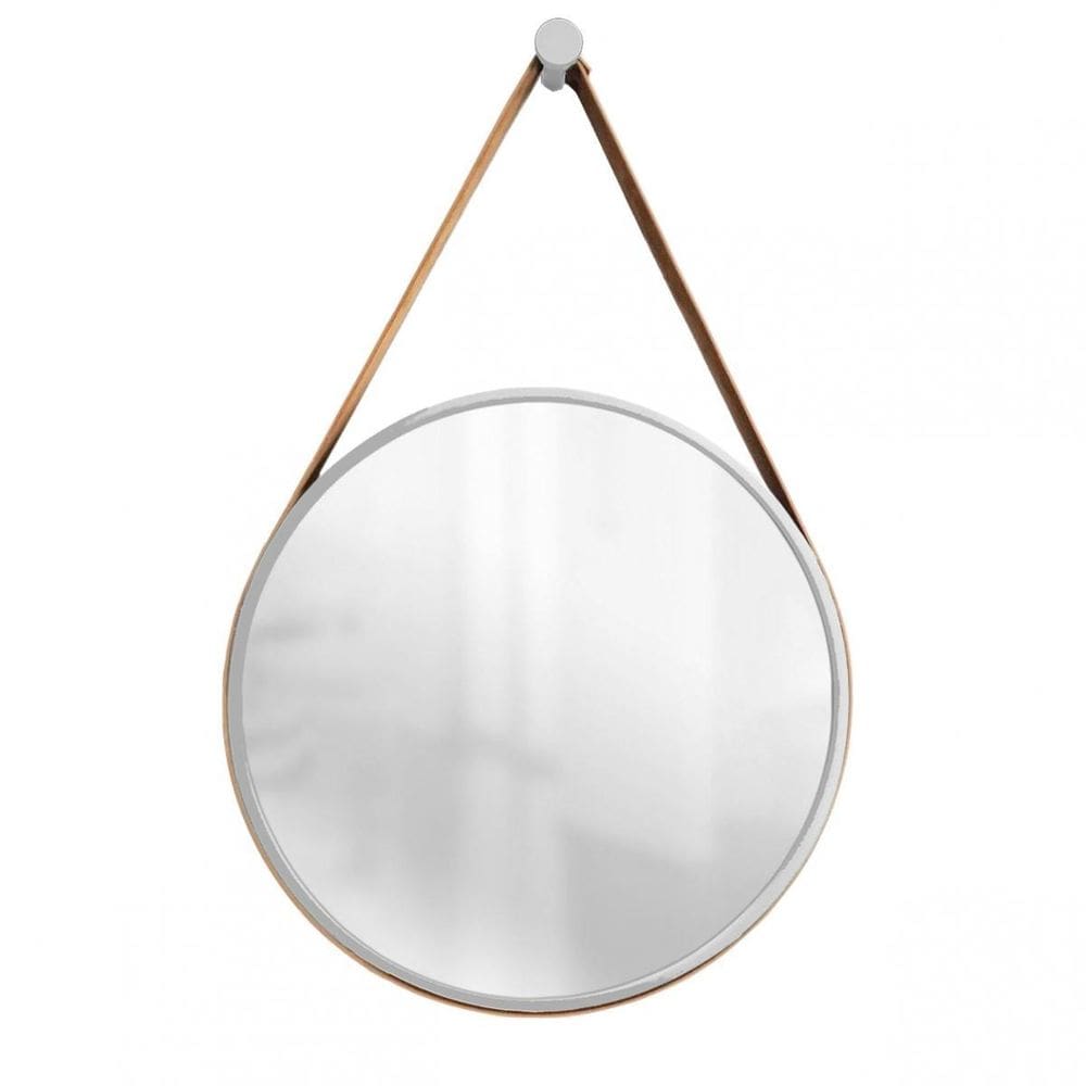 Espelho Decorativo Adnet Cinza Alça Corino Café 60Cm Redondo