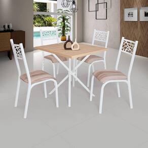 Mesa Quadrada 75X75 Com 4 Cadeiras Em Aço Branco Carvalho Com Estofado Capuccino Jade Ciplafe