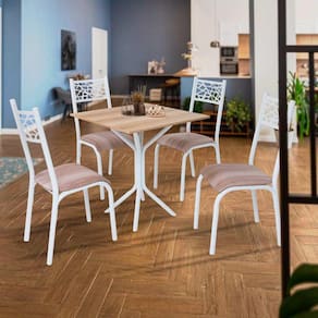 Mesa Tubular Com 4 Cadeiras Em Aço Branco Carvalho Com Estofado Capuccino Kone Shop Jm