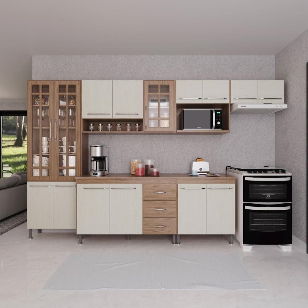 Cozinha Modulada Completa Fidelitá Paris 6 Peças 330cm 15 Portas 3 Gavetas Com Tampo Nogal/Salinas