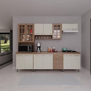 Cozinha Modulada Completa Fidelitá Paris 5 Peças 260cm 13 Portas 3 Gavetas Com Tampo Nogal/Salinas