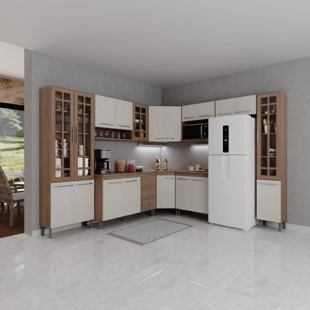 Cozinha Modulada Completa Fidelitá Paris 9 Peças 515cm 20 Portas 3 Gavetas Com Tampo Nogal/Salinas