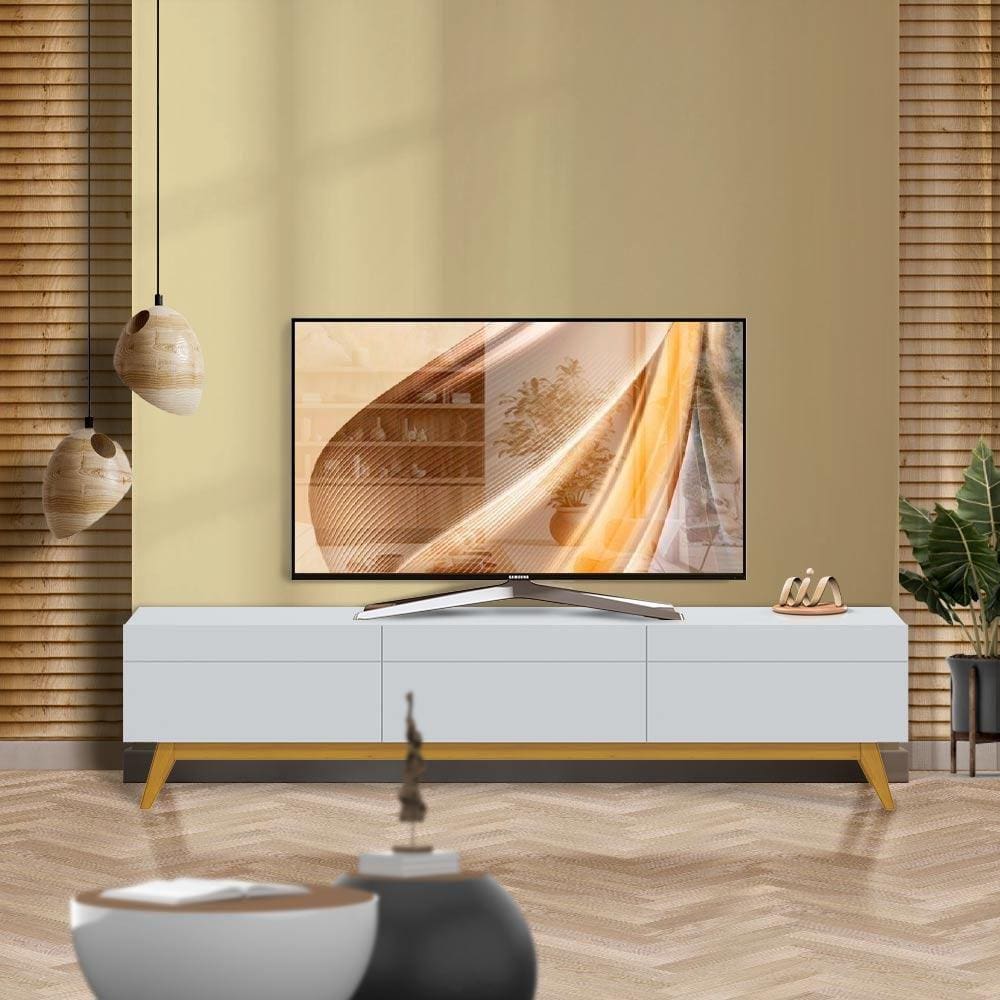 Rack Com Pés Palito Para Tv Até 60 Polegadas Branco Acetinado Azos Shop Jm - Branco