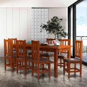 Mesa Madeira Maciça MDP Com 8 Cadeiras Estofadas 200 x 88 Castanho Serene Shop JM
