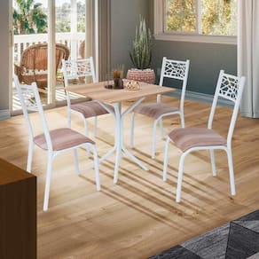Mesa De Jantar Com 4 Cadeiras Em Aço Branco Carvalho Com Estofado Capuccino Loza Shop Jm