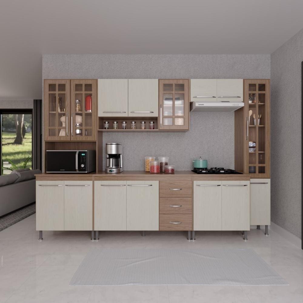 Cozinha Modulada Completa Fidelitá Paris 6 Peças 295cm 15 Portas 3 Gavetas Com Tampo Nogal/Salinas