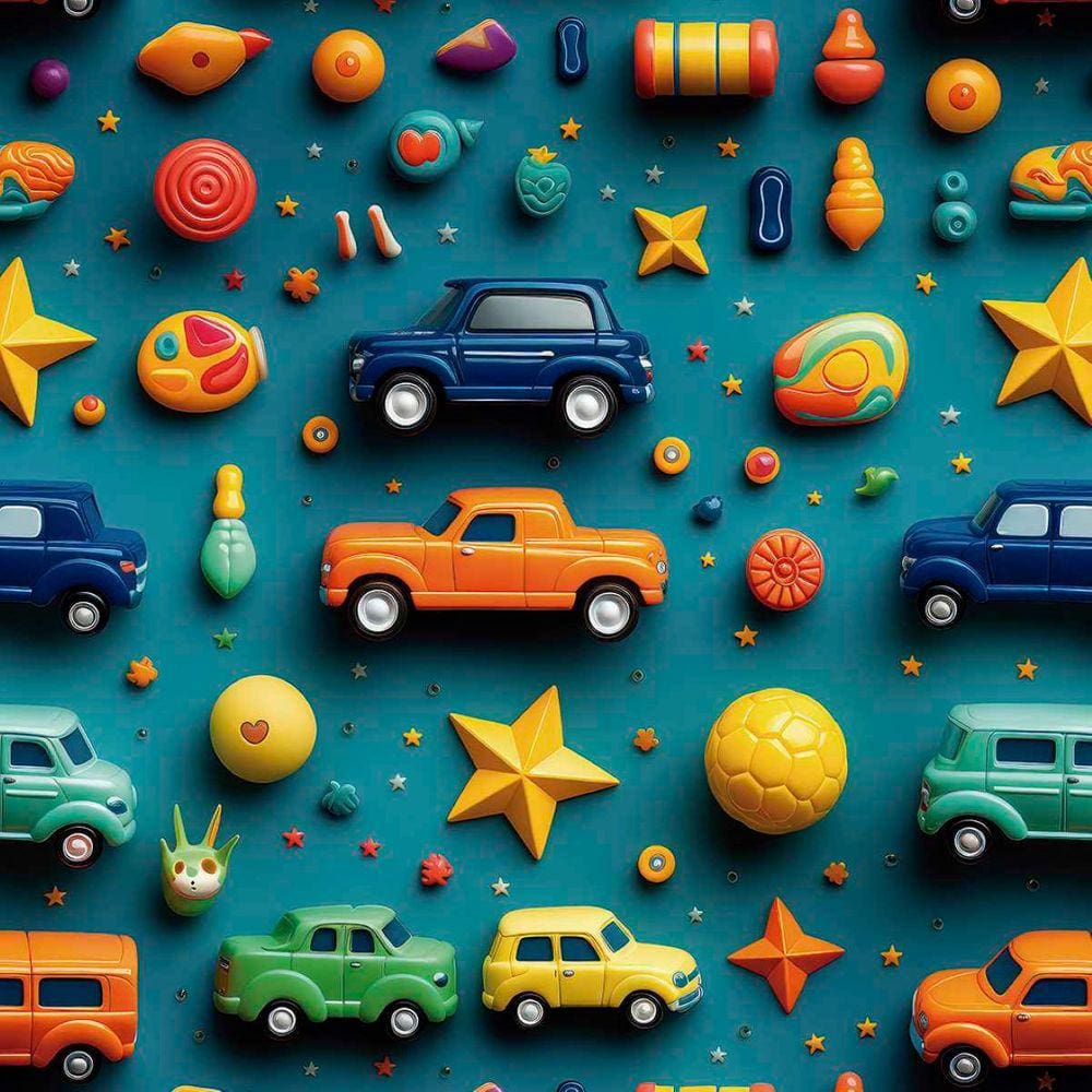 Papel de Parede Auto Colante Infantil Azul Brinquedinhos Quarto Menino Vinil Lavavel 12m