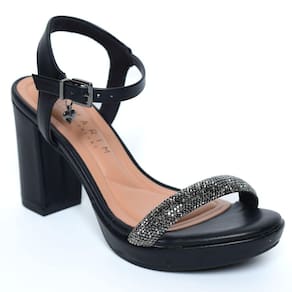 Sandália Ramarim Tiras Strass Salto Grosso Feminino - Preto