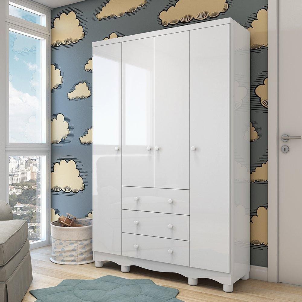 Guarda Roupa Infantil 4 Portas e 3 Gavetas Branco