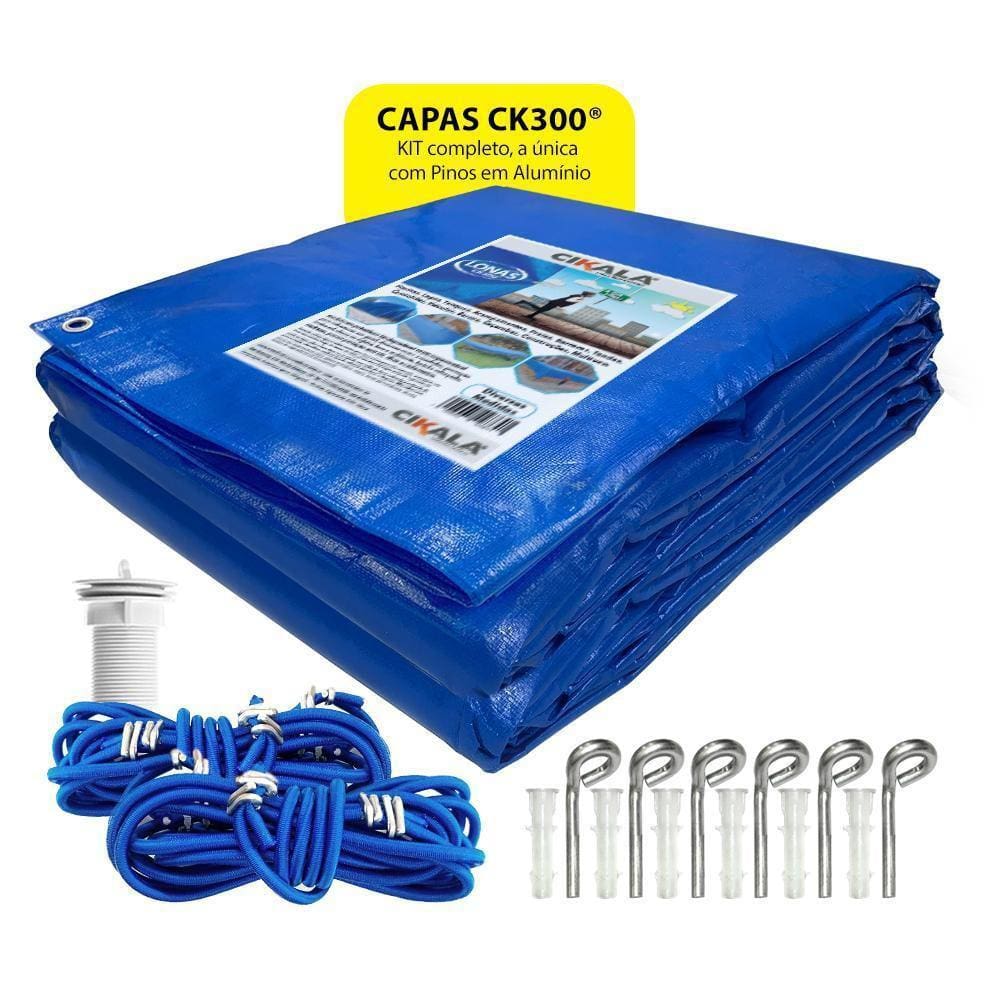 Capa De Piscina Azul Ck300 6X4 Ilhós A Cada Metro + Kit