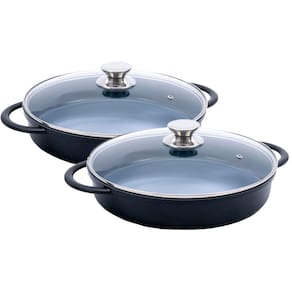 Kit Caçarola Baixa Hercules Indução Antiaderente Ceramico Tampa de Vidro Redonda Preta 30cm 3,5 Litros + 3,5 Litros