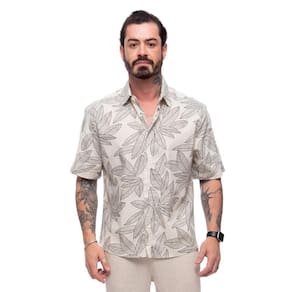 Camisa Folhagem Manga Curta Masculina Algodão Linho Leve