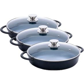Kit Caçarola Baixa Hercules Indução Antiaderente Ceramico Tampa de Vidro Redonda Preta 30cm 3,5L + 3,5L + 3,5L