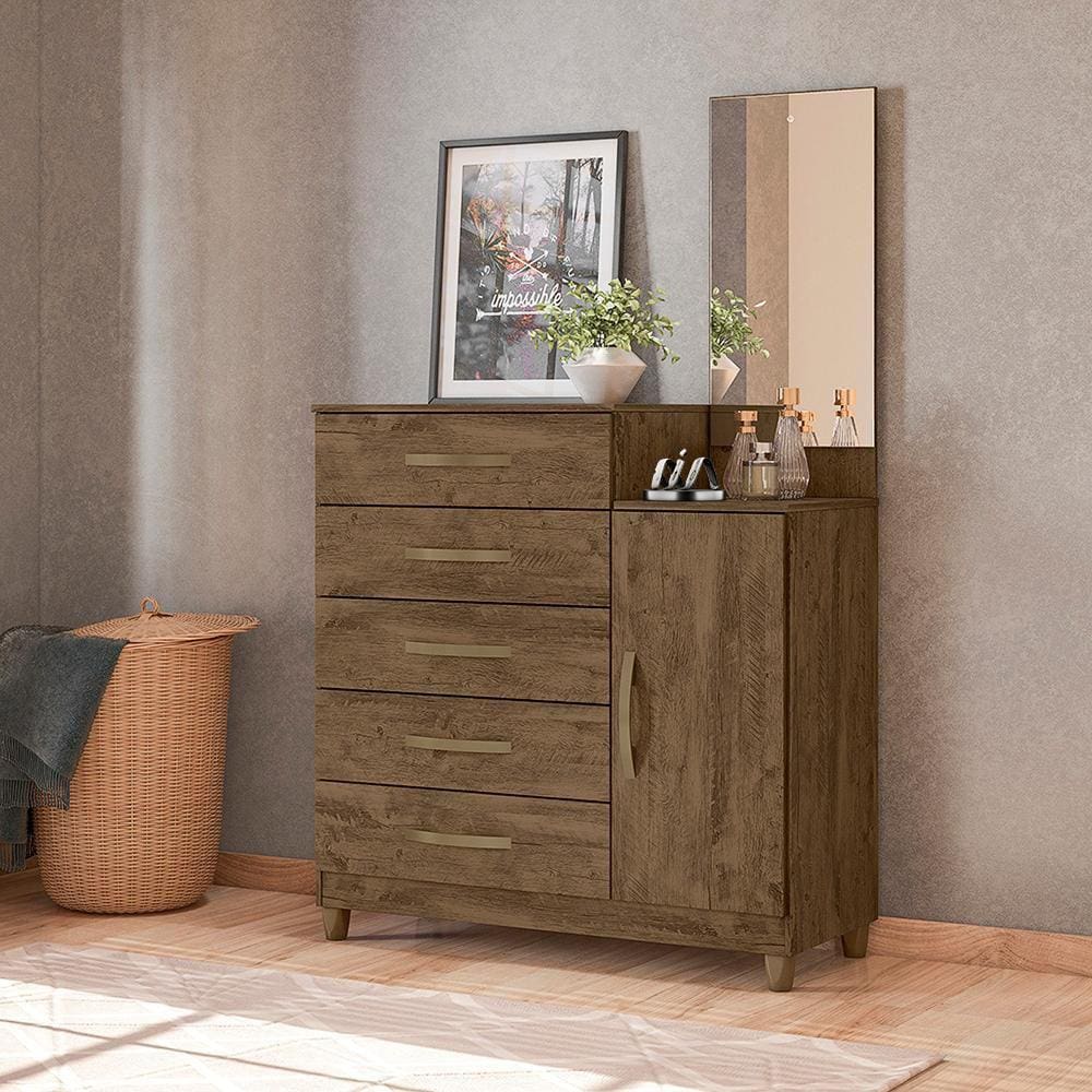 Cômoda Grande Com Espelho Castanho Wood Lisboa Moval - Marrom