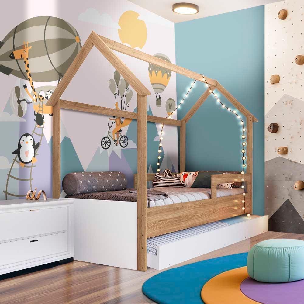 Cama Infantil Solteiro com Colchões Casinha Aveiro Oak Branco