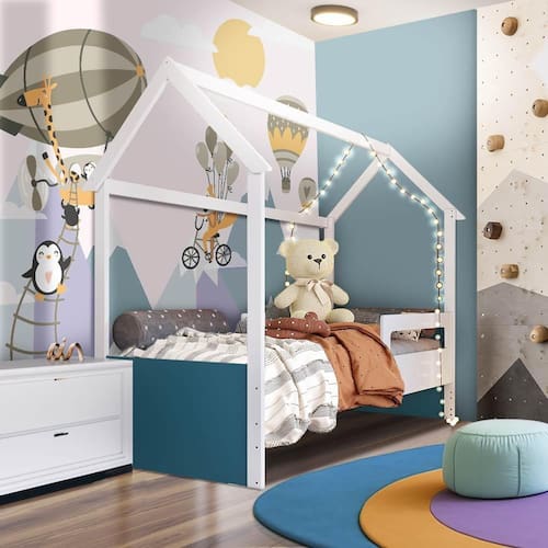 Cama Infantil Solteiro para Crianças com Tema de Casinha - Branco e Azul