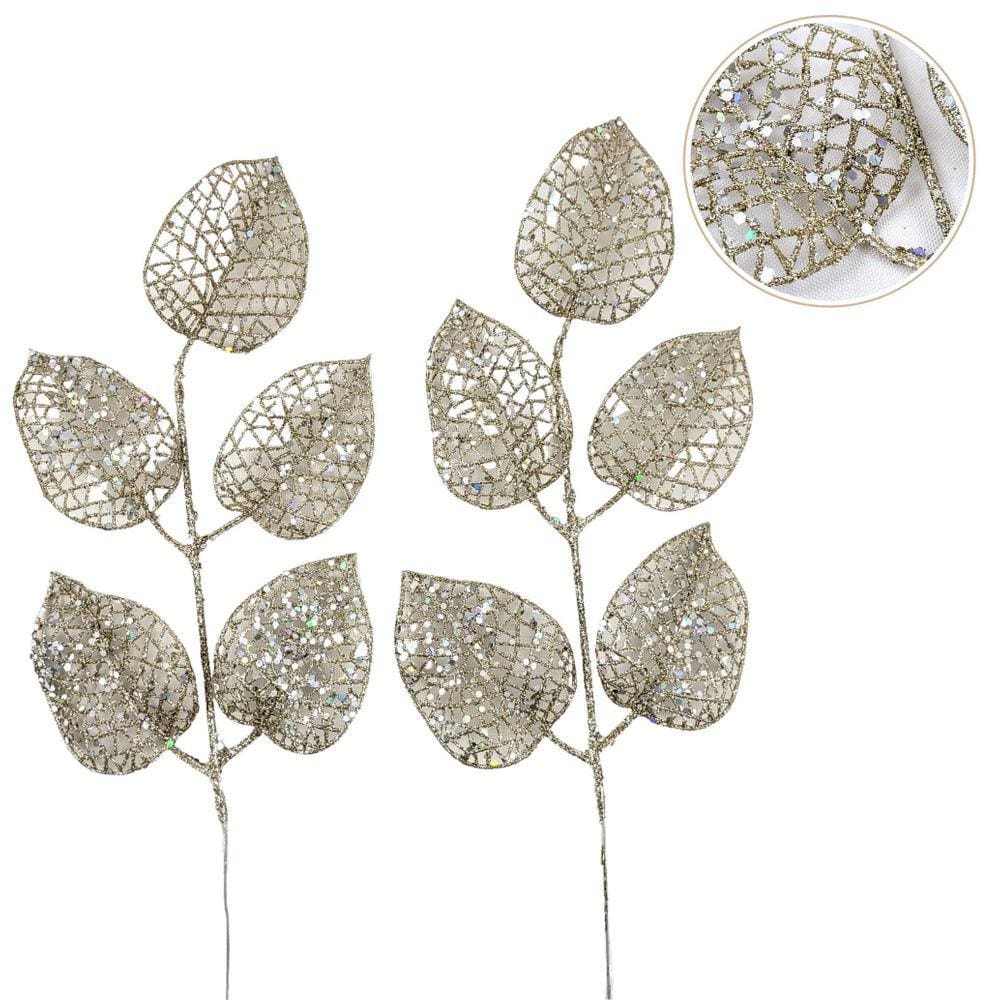 Folhagem de Natal Galho Champanhe Ficus 34x13cm - Kit 2pc