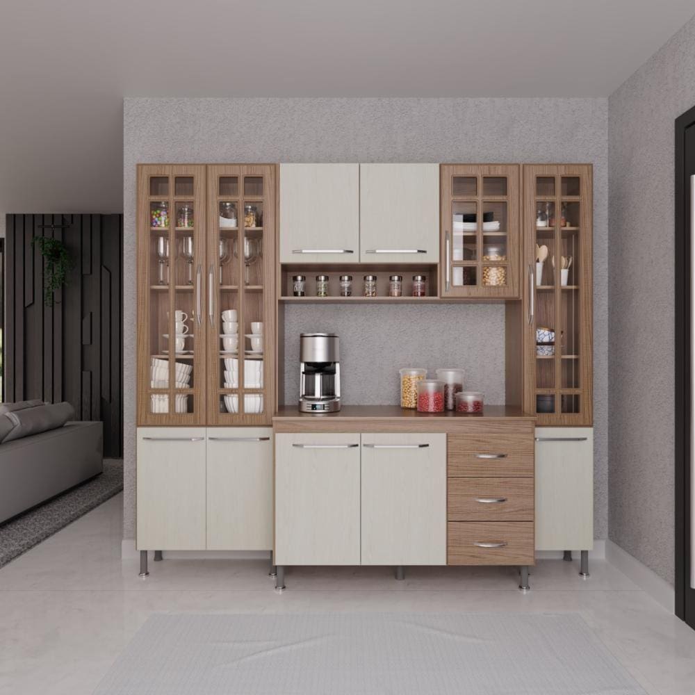 Cozinha Modulada Compacta Fidelitá Paris 4 Peças 225cm 11 Portas 3 Gavetas Com Tampo Nogal/Salinas
