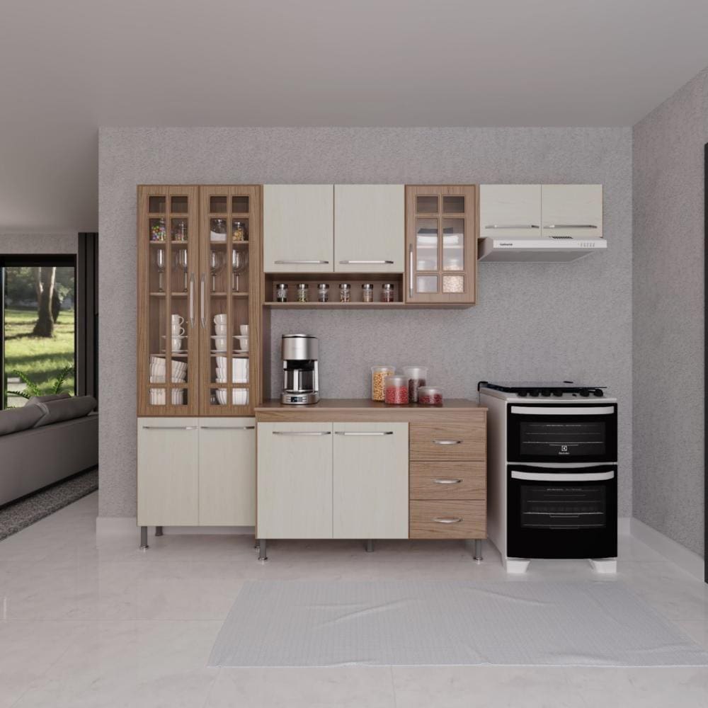 Cozinha Modulada Compacta Fidelitá Paris 4 Peças 260cm 11 Portas 3 Gavetas Com Tampo Nogal/Salinas