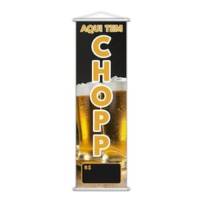 Banner Aqui Tem Chopp Preço Fundo Preto Lona 100X30Cm