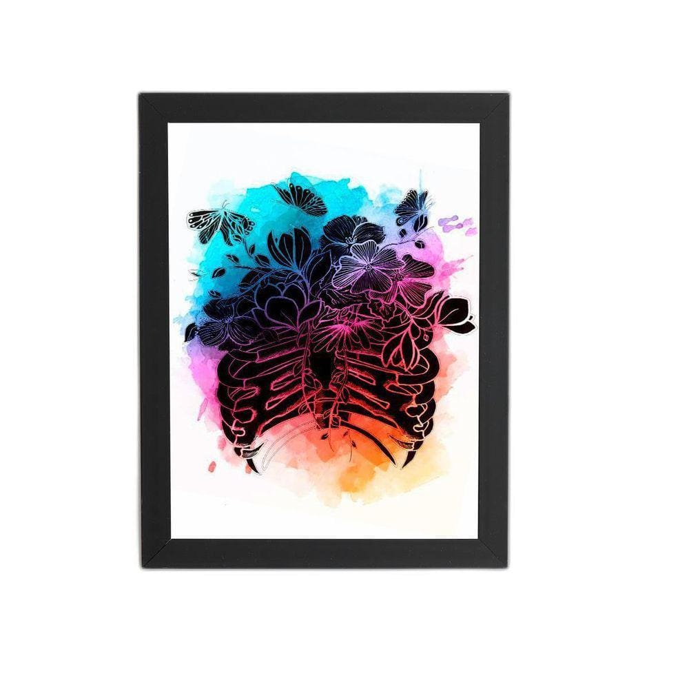 Flores Esqueleto Aquarela Quadro Moldura Preta 60X40Cm