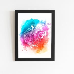 Cérebro Coração Tinta Colorido Quadro Moldura Preta 60X40Cm