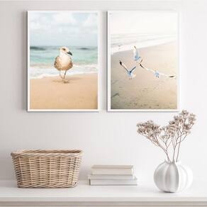 Kit 2 Quadros Praia Neutro- Gaivotas 45X34Cm