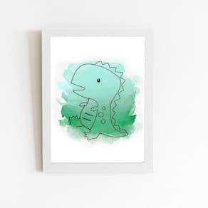 Dinossauro Verde Infantil Quadro Moldura Branca 60X40Cm