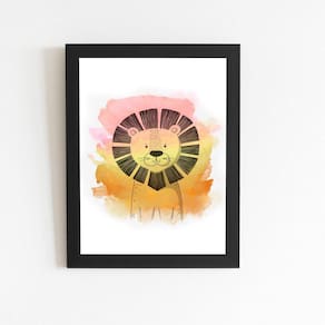 Leão Animais Laranja Infantil Quadro Moldura Preta 60X40Cm