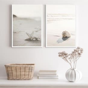 Kit 2 Quadros Praia Branco E Bege- Concha E Estrela 45X34Cm