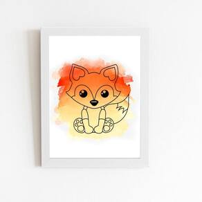Raposa Animal Laranja Infantil Quadro Moldura Branca 60X40Cm