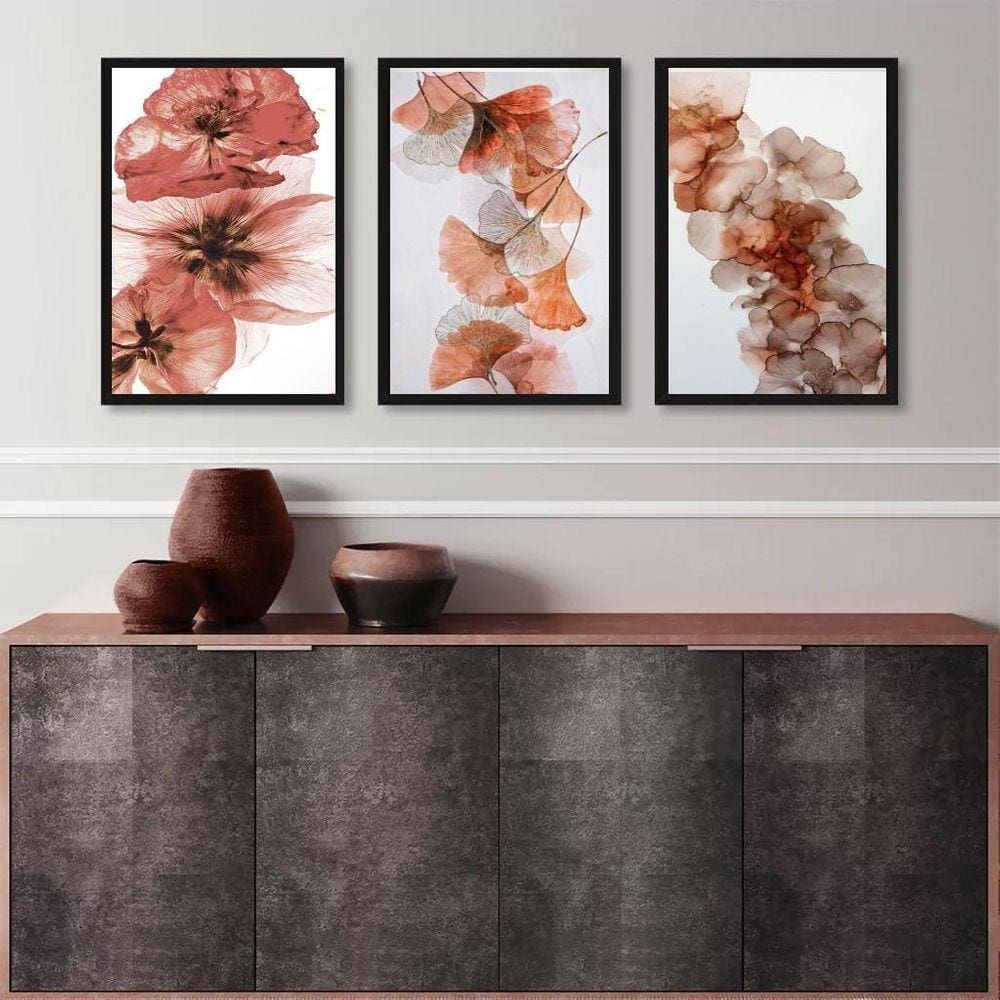 Kit 3 Quadros Decorativos Sala Flores Marrom Rosê 33X24Cm