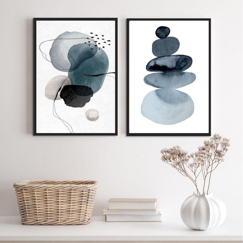 Kit 2 Quadros Sala Abstratos Minimalistas Azuis 33X24Cm